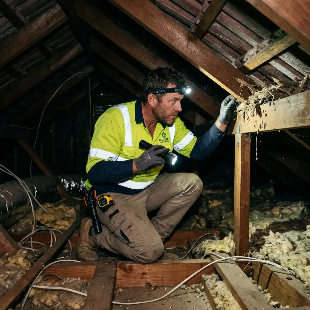 Technician inspecting a Lyndhurst roof cavity for a dead possum